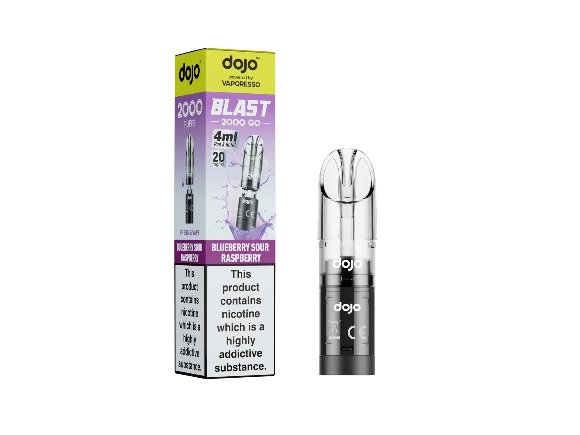 DOJO BLAST 2000 Go Transparent Pod &amp; Refill (Powered by Vaporesso) - Blueberry Sour Raspberry